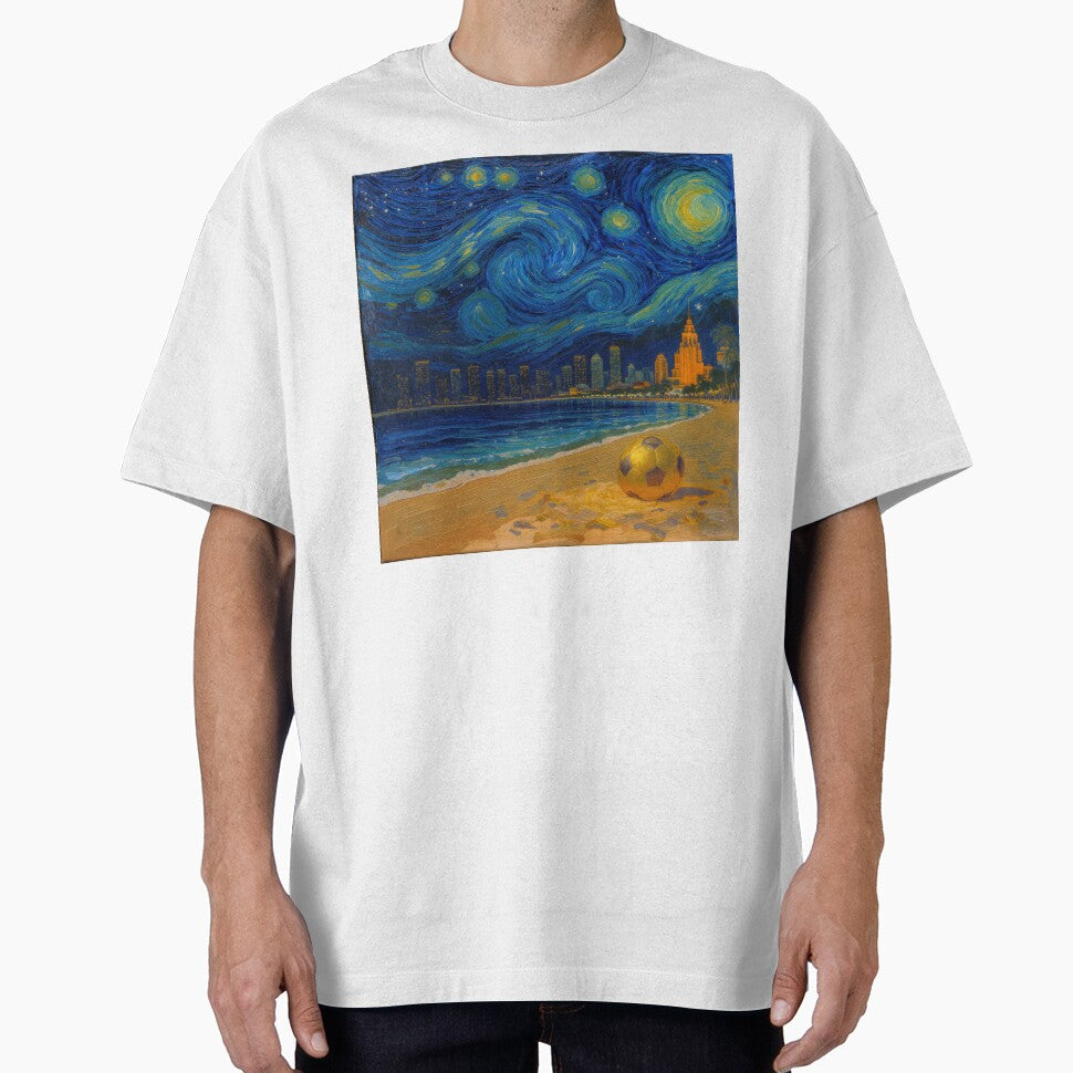 Golden Miami Starry Night Beach Soccer Fine Art Print Impasto Oil Painting by BrickByDream