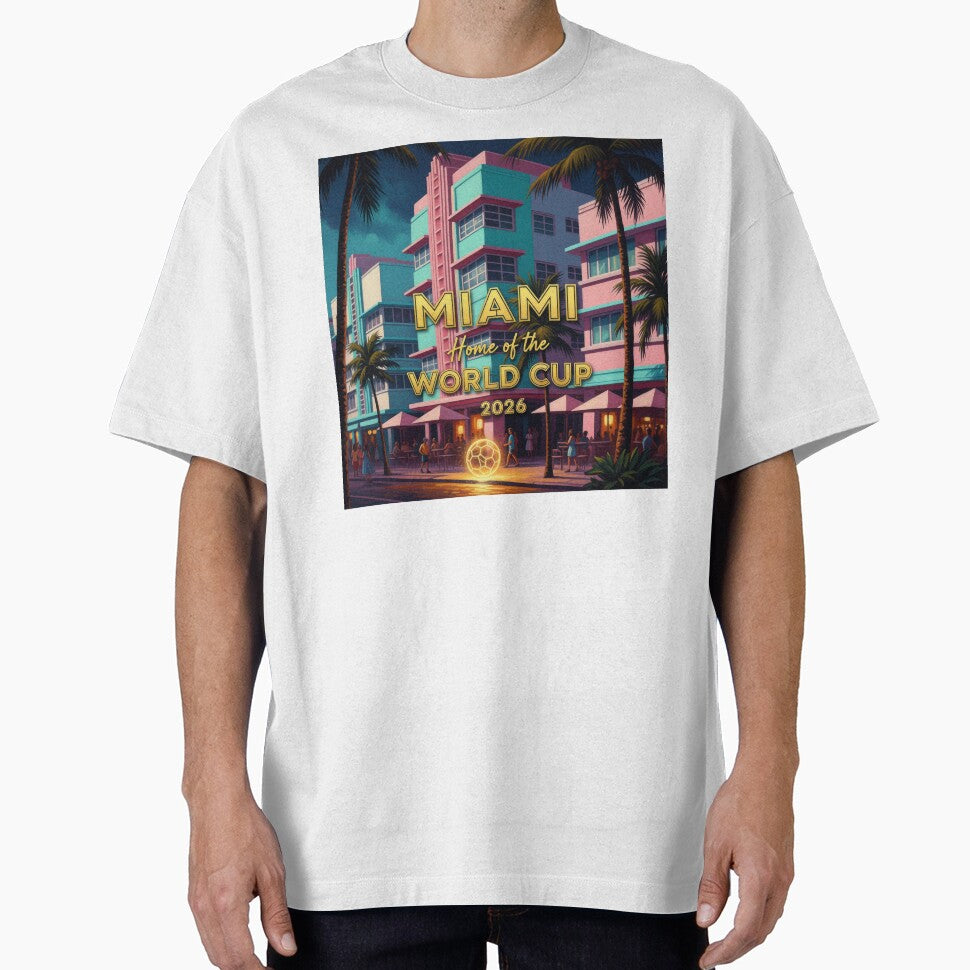 Miami Home of the World Cup 2026 Art Deco Night Soccer Poster — Ocean Drive Neon Print by BrickByDream