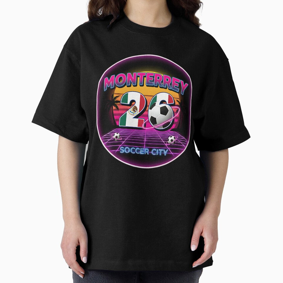 Monterrey 2026 Retro Synthwave Soccer City Logo by Silent Watch Threads.