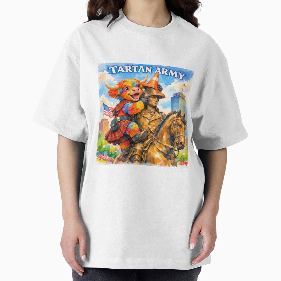 Tartan Army Scottish Highland Cow Celebrating in Boston Massachusetts USA Colorful Watercolor by MaedK