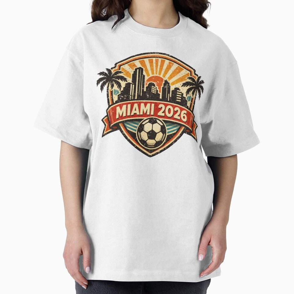 Miami 2026 World Cup Host City Sunset Vintage Football Badge — Orange Skyline Soccer Crest by BrickByDream