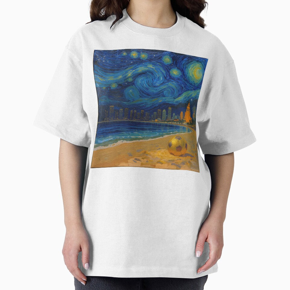 Golden Miami Starry Night Beach Soccer Fine Art Print Impasto Oil Painting by BrickByDream