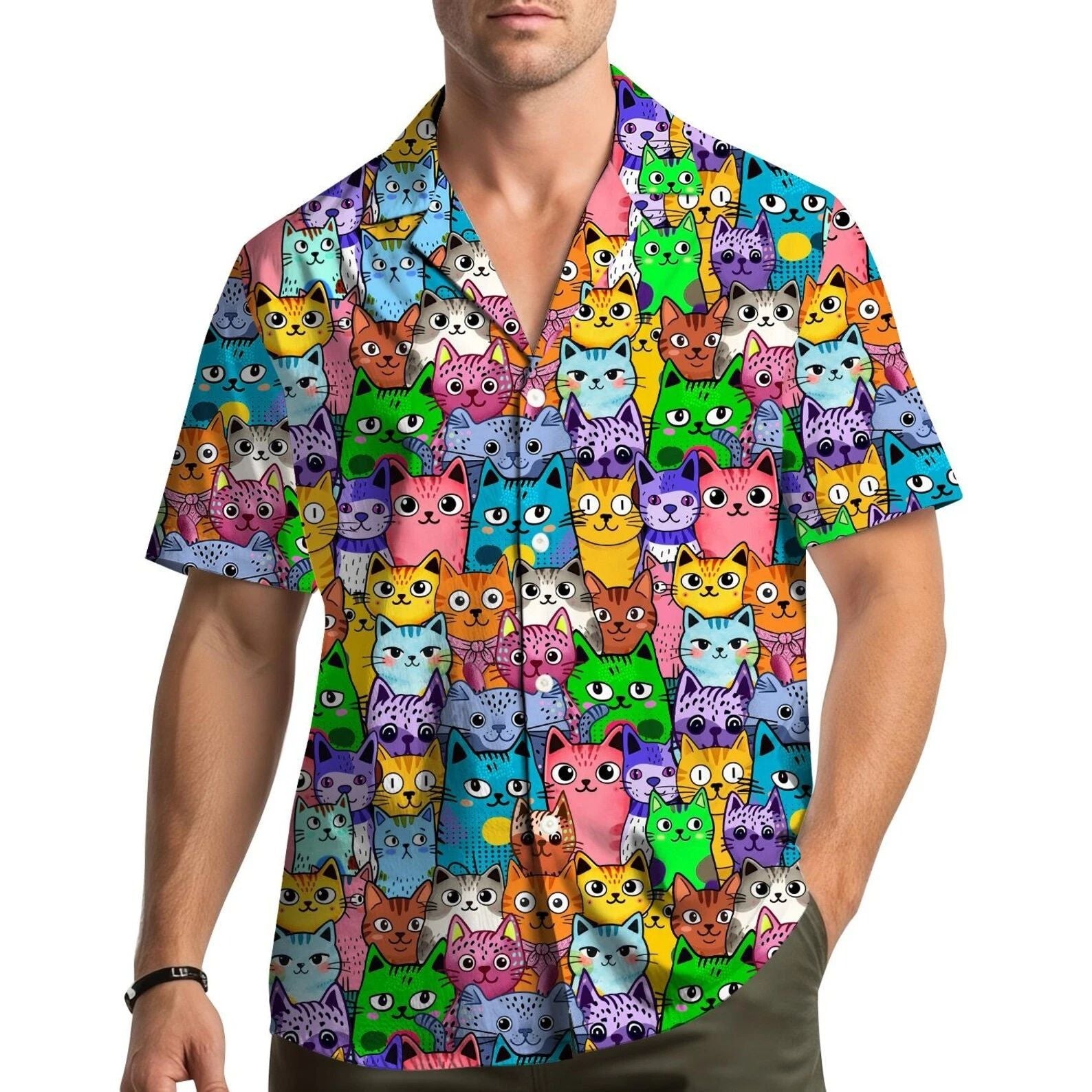 Funny Cat Hawaiian Shirt Cute Kitty Aloha Summer Button Up Unisex Short Sleeve