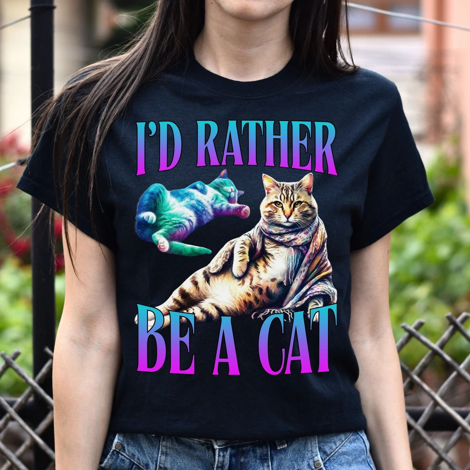 I'd rather be a cat T-Shirt funny cat lover meme Unisex tee Black Navy Dark Heat