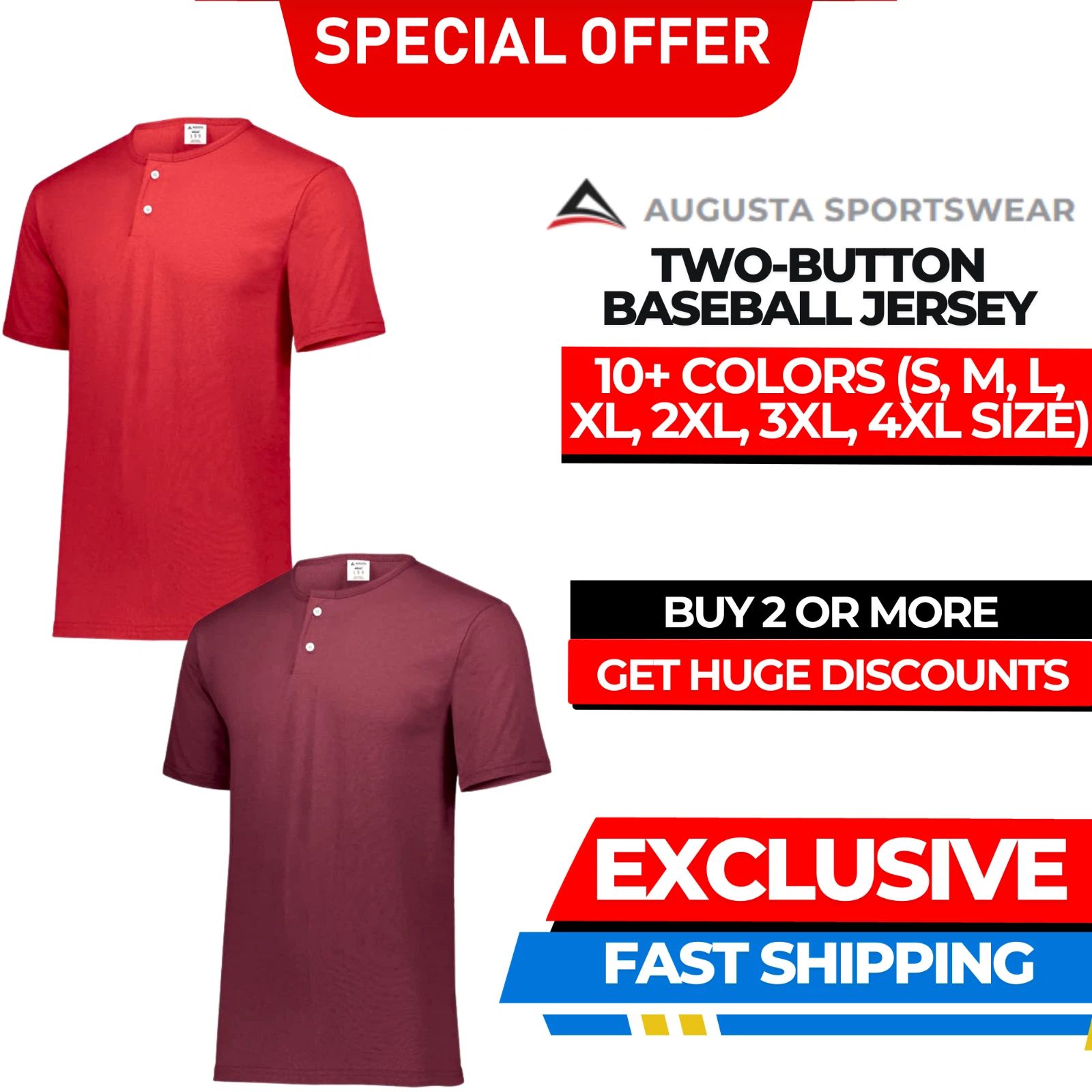 Augusta Sportswear 580 Mens 50% Poly 50% Cotton Two-Button Baseball Jersey