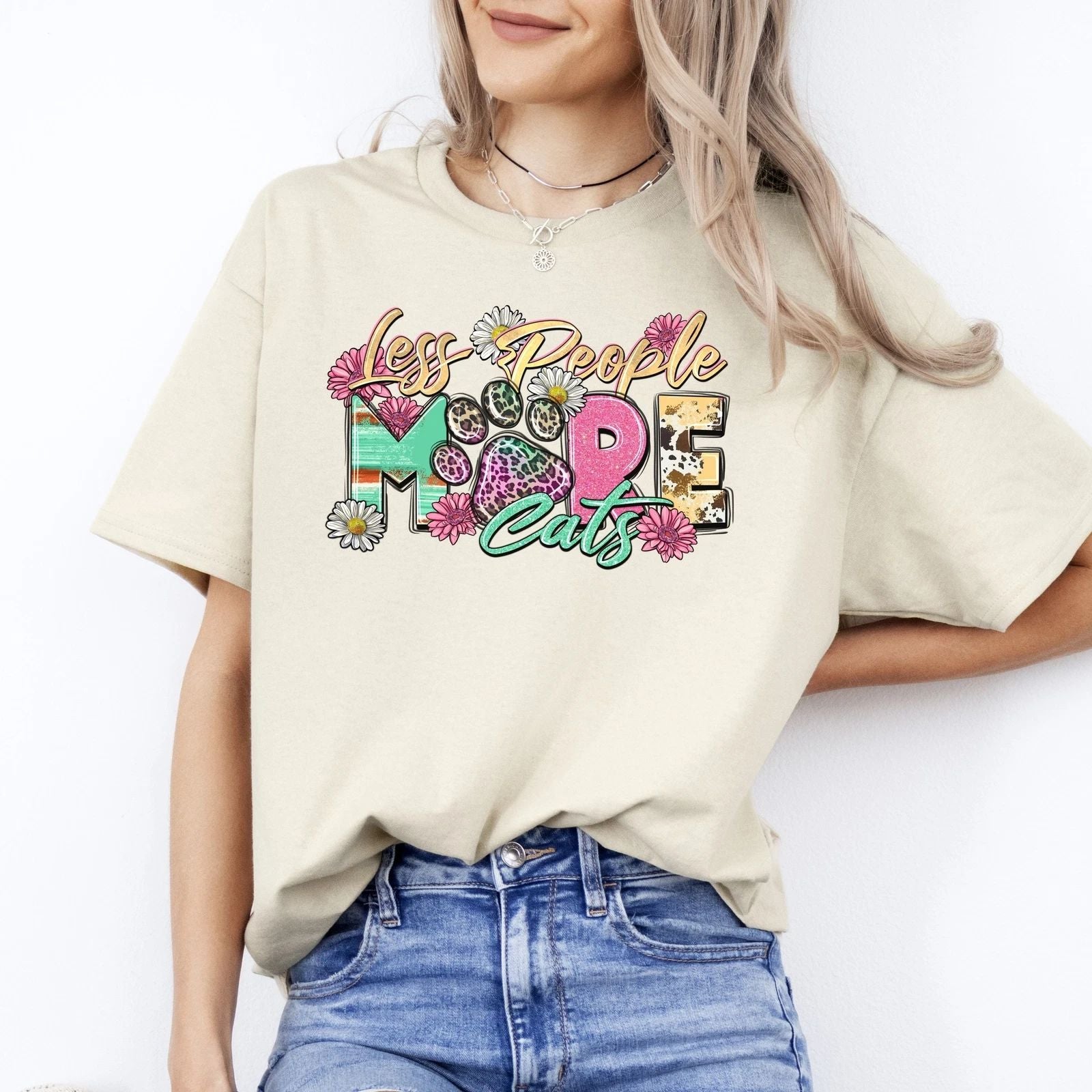 Less people more cats T-Shirt gift Cat lover cat mom Unisex Tee Sand White Sport
