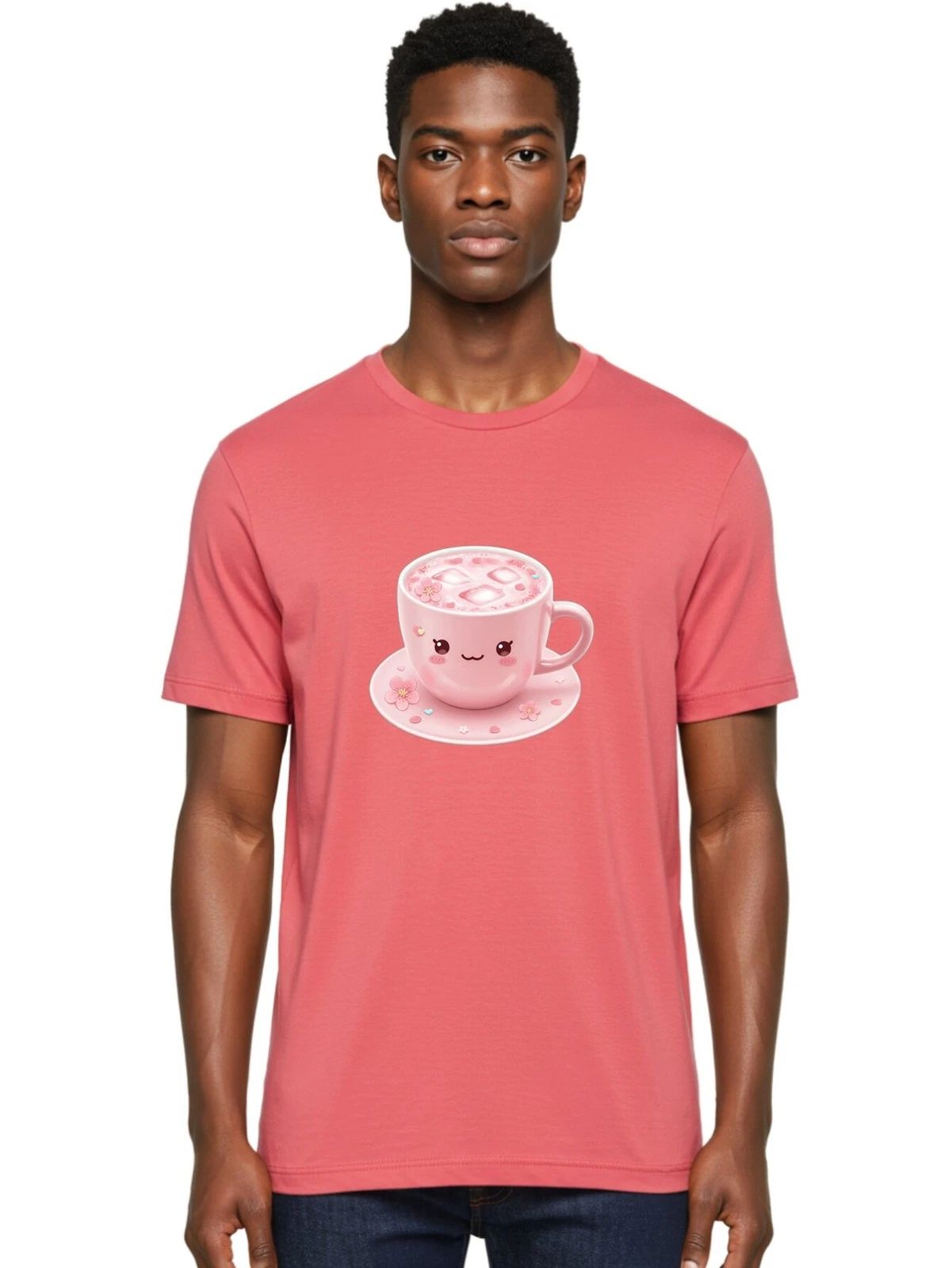 Kawaii-Coffee-Cup Mens Graphic Tee, 100% Cotton, Casual Summer Wear