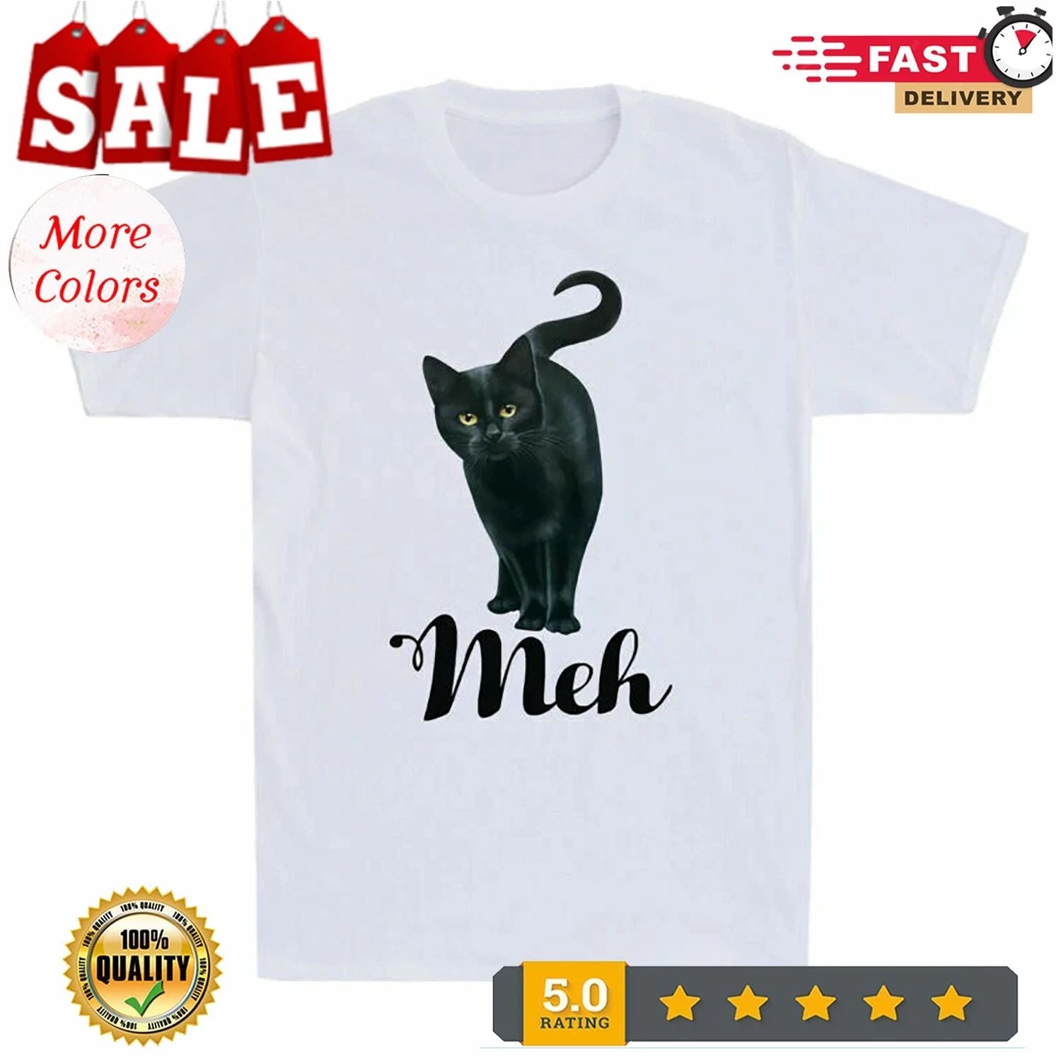 Black Cat Funny Meh Cat Gift For Cat Lovers Men's Cotton Short Sleeve T-Shirt