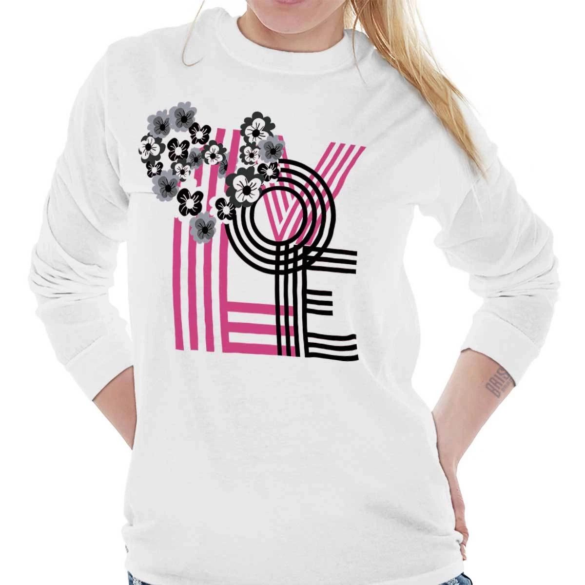Cute Love Design Flowers Valentine's Day Long Sleeve T Shirt Tees For Women