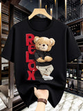Men's Black Casual T-Shirt with Cute Teddy Bear & Print - Short Sleeve Round Ne