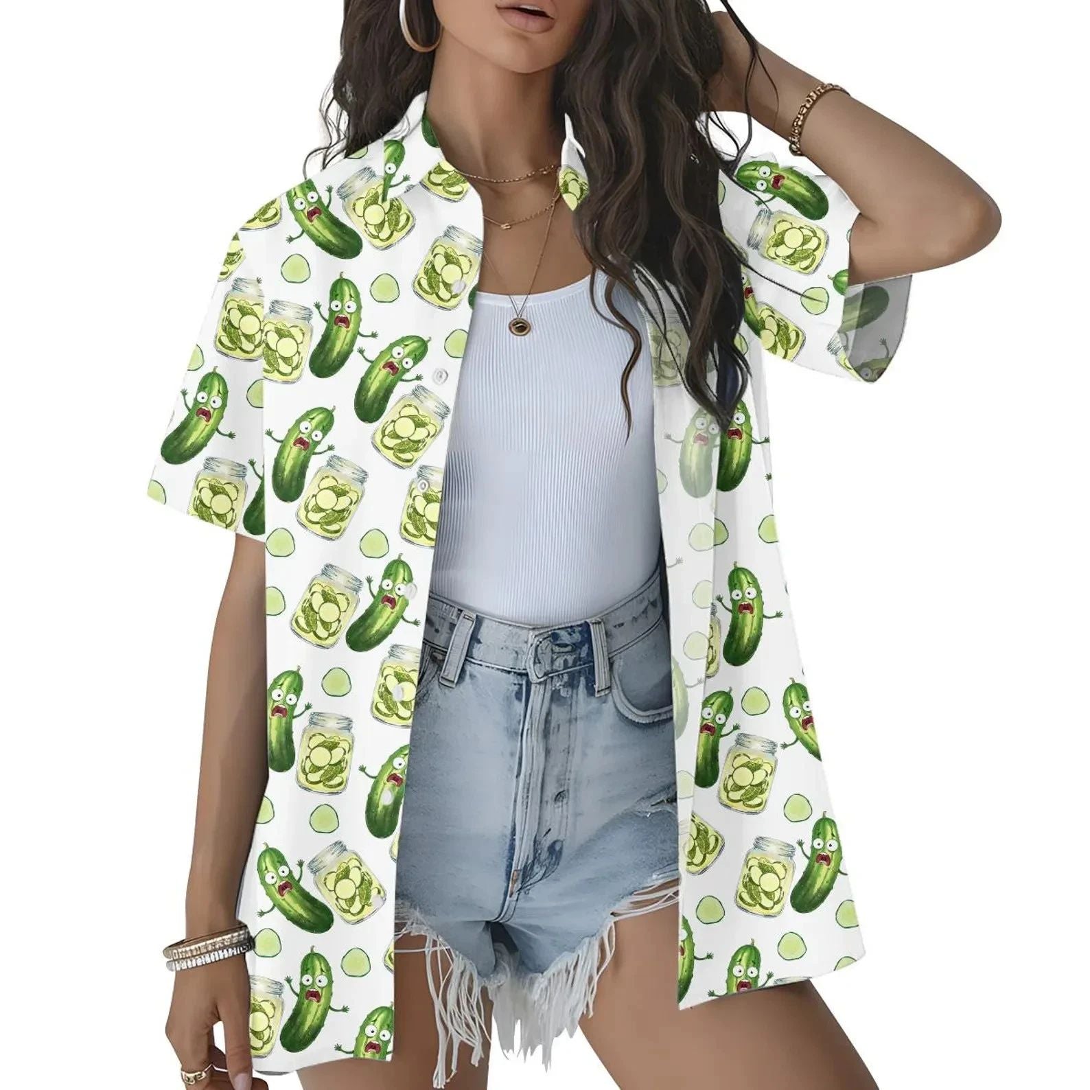 Cute Pickle Hawaiian Shirt Funny Cucumber BBQ Aloha Summer Button Up Women
