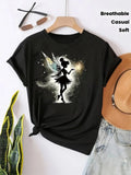 1pc UnisexFairy Print T-Shirt- Starry Sky Fantasy Design,Black Short Sleeve