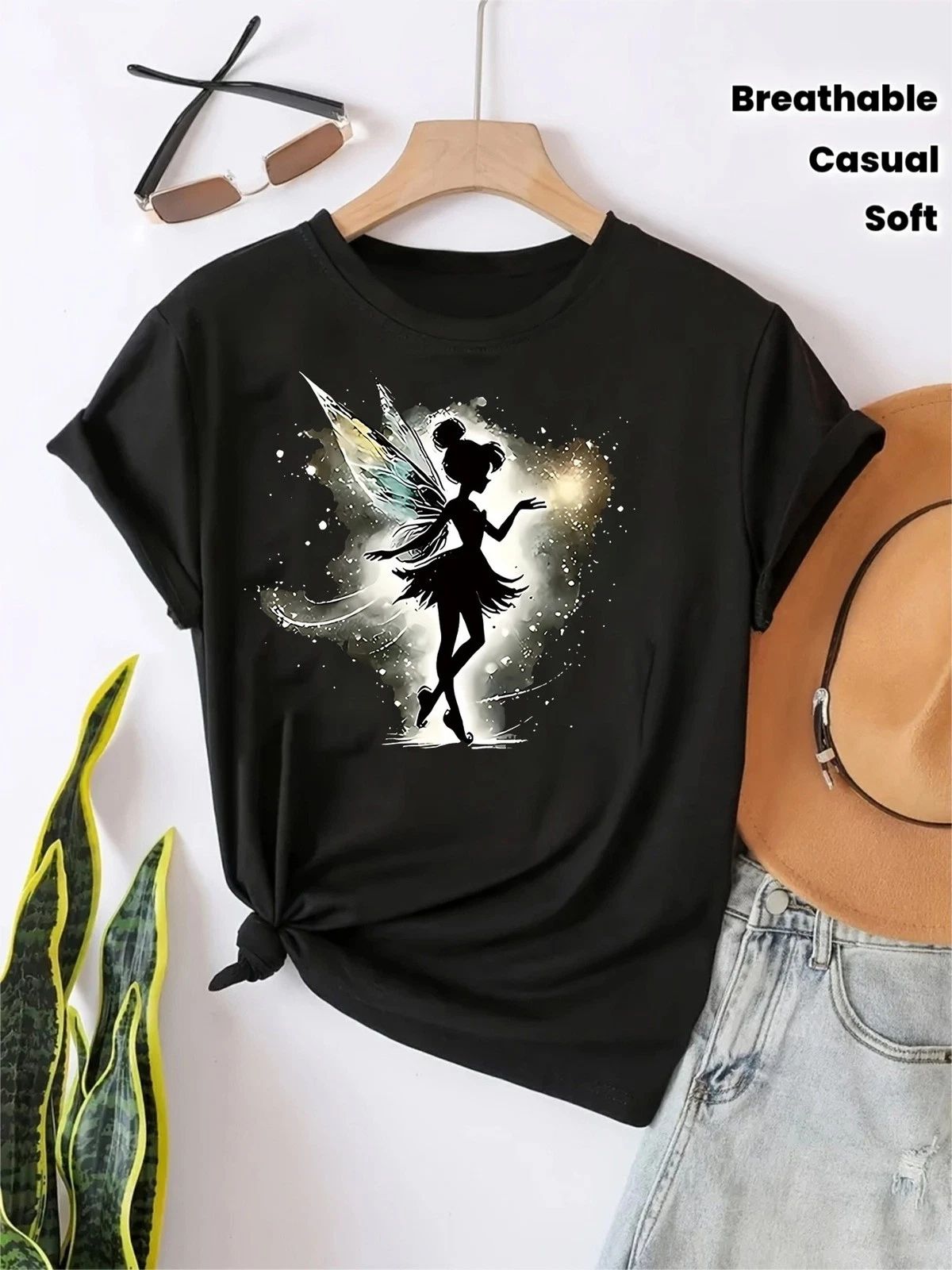 1pc UnisexFairy Print T-Shirt- Starry Sky Fantasy Design,Black Short Sleeve