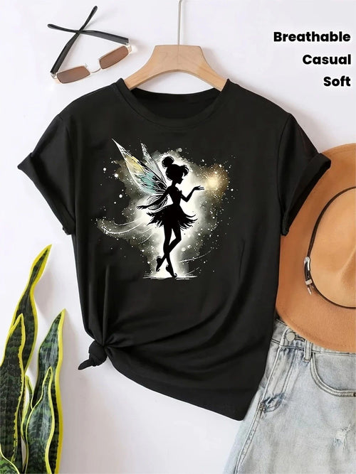 1pc UnisexFairy Print T-Shirt- Starry Sky Fantasy Design,Black Short Sleeve
