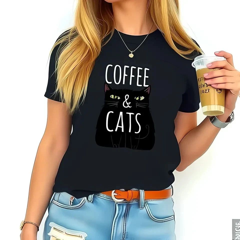 Black Cat Coffee T-Shirt for Cat Lovers - Cute Cartoon