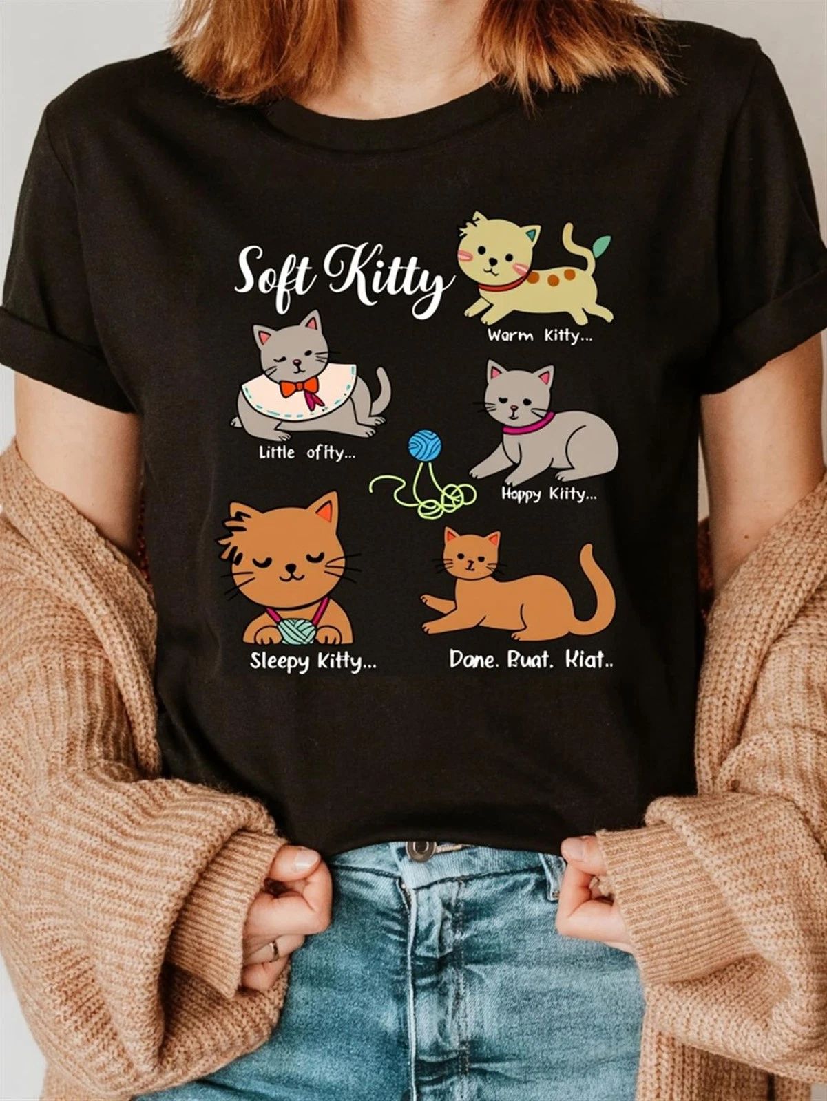 Women'S & Unisex Black Cat Print T-Shirt with Cute Kitty Phrases & Tabby Cat D