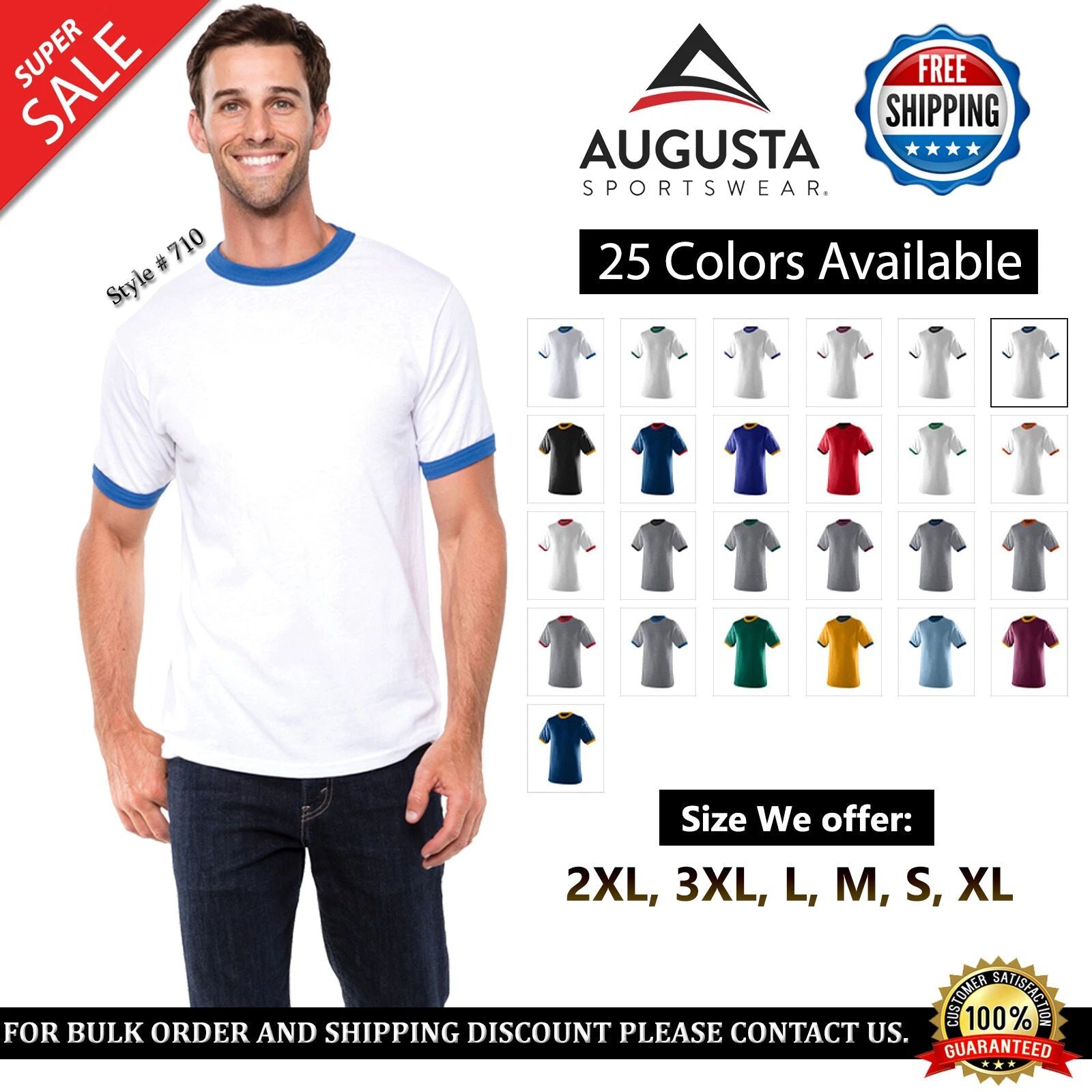 Augusta Sportswear 710 Polyester/Cotton 50/50 Jersey Knit Ringer T-Shirt S-3XL