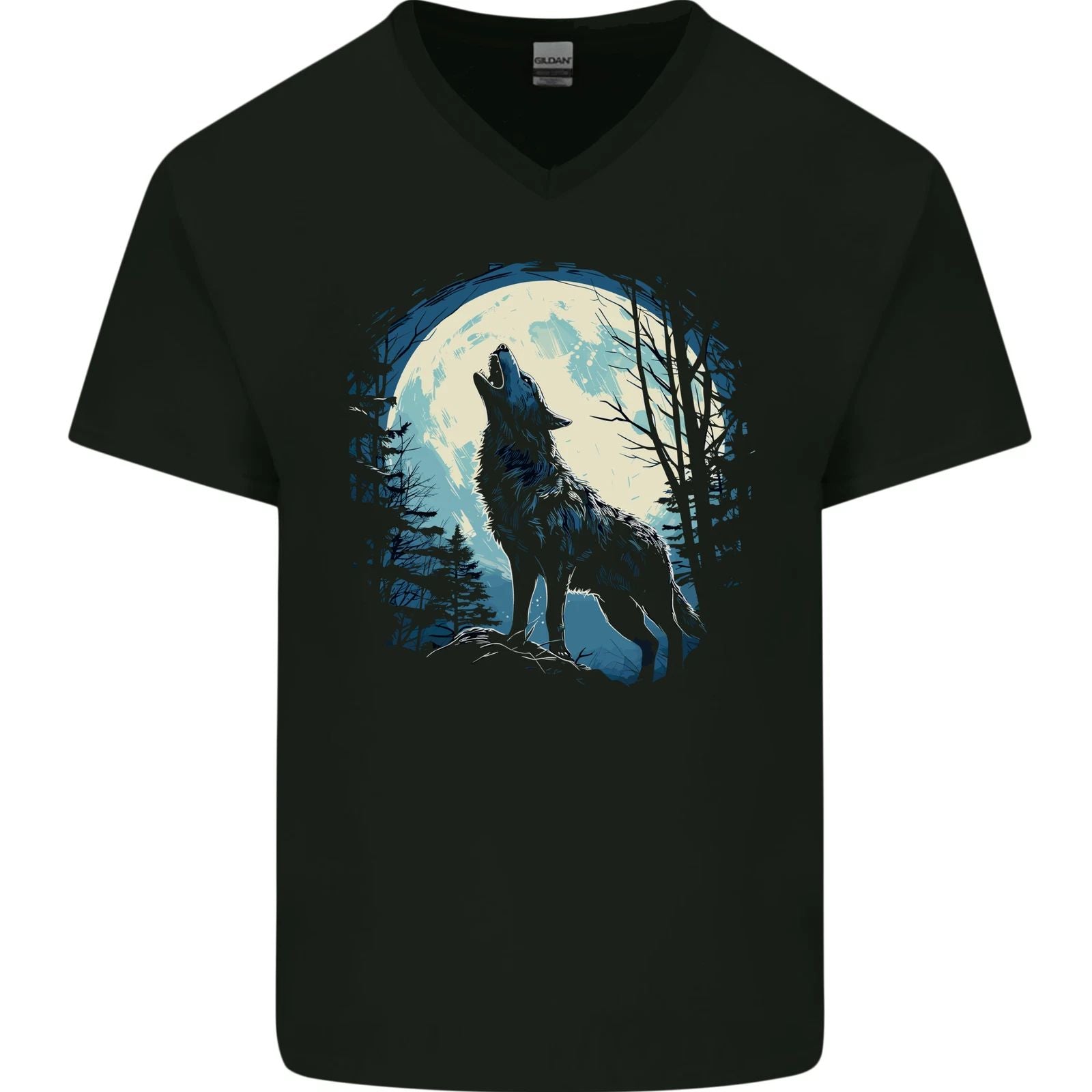 Moonlit Howling Wolf Fantasy Mens V-Neck Cotton T-Shirt