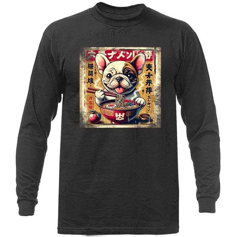 French Bulldog Eating Ramen Noodle-Japanese Anime Manga Long Sleeve T-Shirt