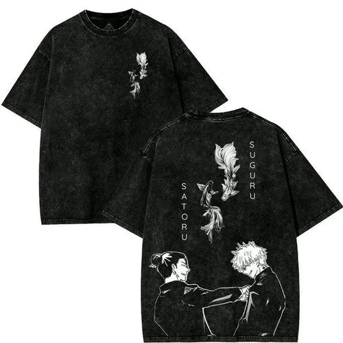 Anime Besties Graphic T-Shirt 2-Sided Washed Cotton Manga Fan Tee
