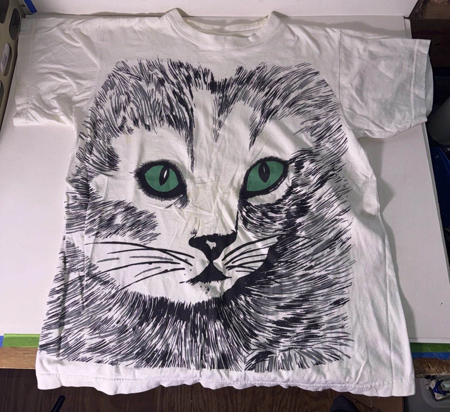 Galaxy White Cat All Over T- Shirt Cat Lover Medium Vintage