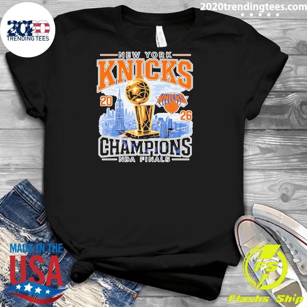 New York Knicks 2026 Champions NBA Finals Basketball Trophy Skyline Logo Shirt