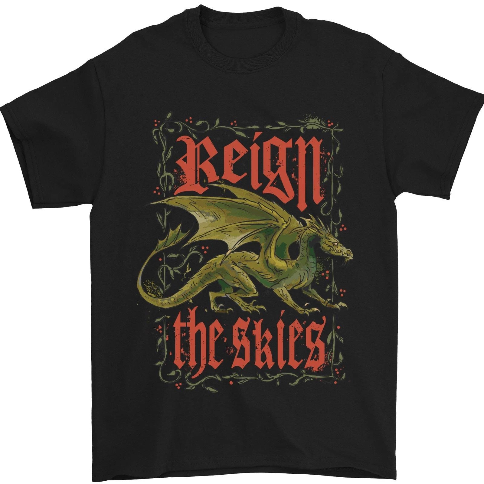 Fantasy Dragons Reign the Skies Mens T-Shirt 100% Cotton
