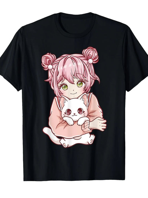 Anime Girl Cat Cats Kawaii T Shirt[Cool Design] Street Trending Style Tee Comf