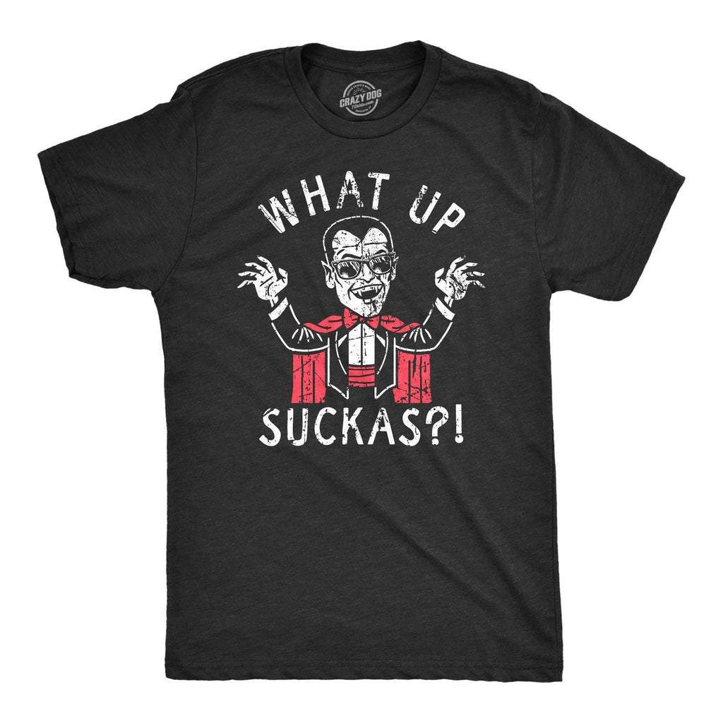 Mens What Up Suckas T Shirt Funny Spooky Halloween Party Vampire Tee for Guys