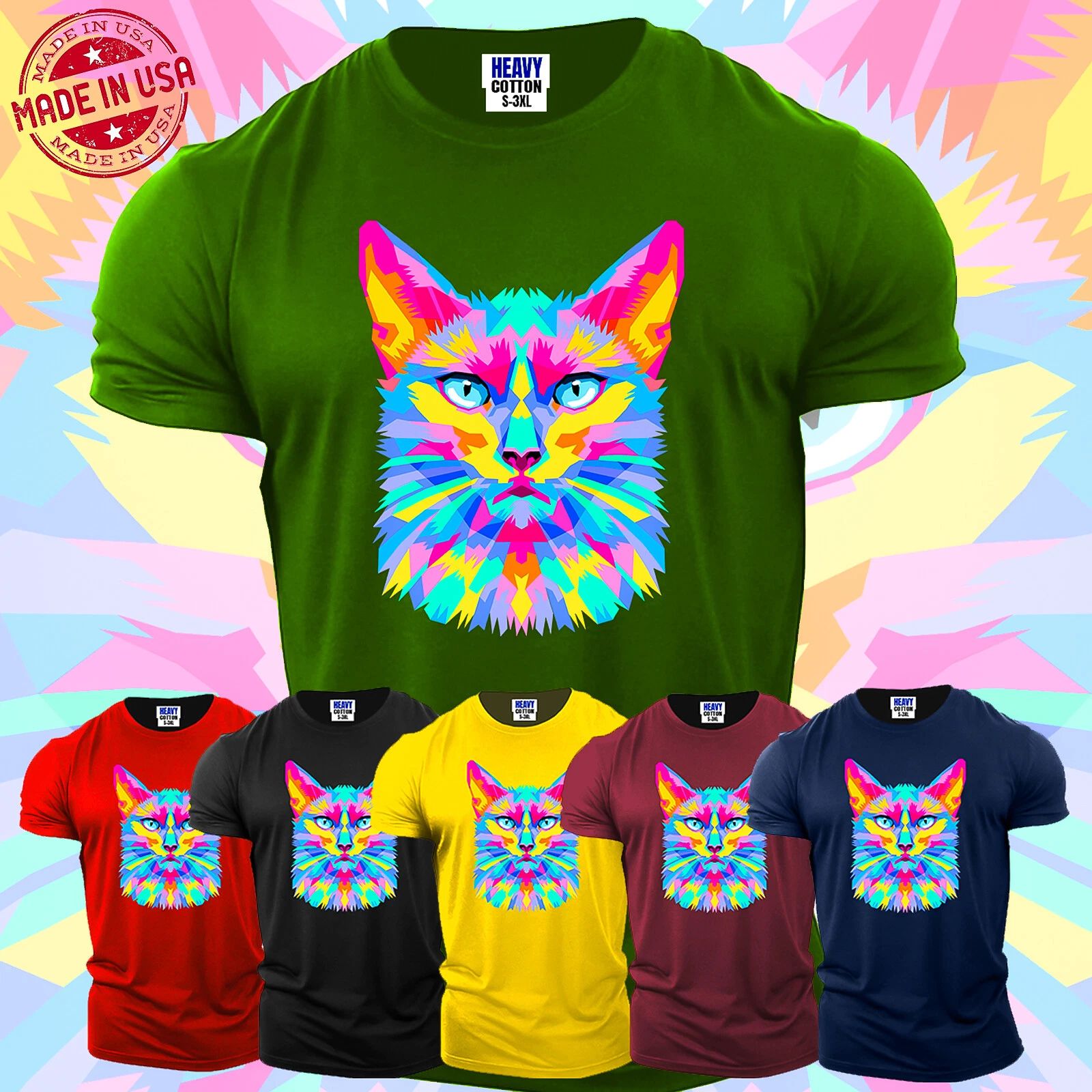 Cat Animal Lover Cute Men's T-Shirts Funny Colorfull Cats Gift USA Party Tee