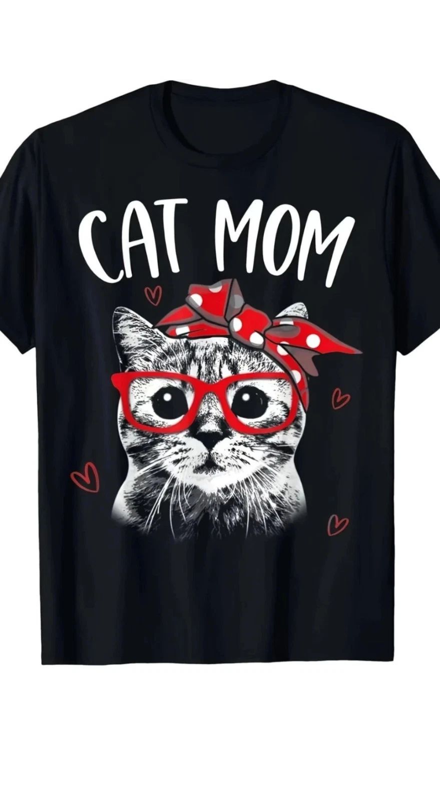 Retro Cat Mom T-Shirt | Cute Tabby Cat with Glasses & Red Bow Graphic Tee