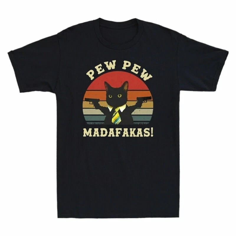 Black T-Shirt Retro Lover Gift Pew Cotton Men's Madafakas Funny Cat Cat Top Pew