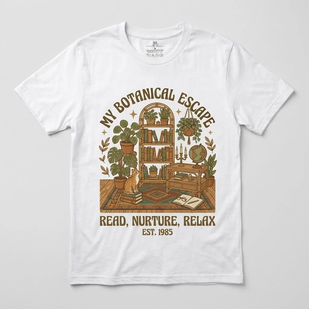 Vintage Botanical Escape T-Shirt Plant Lover Gift Retro Cat Bookish Cottagecore