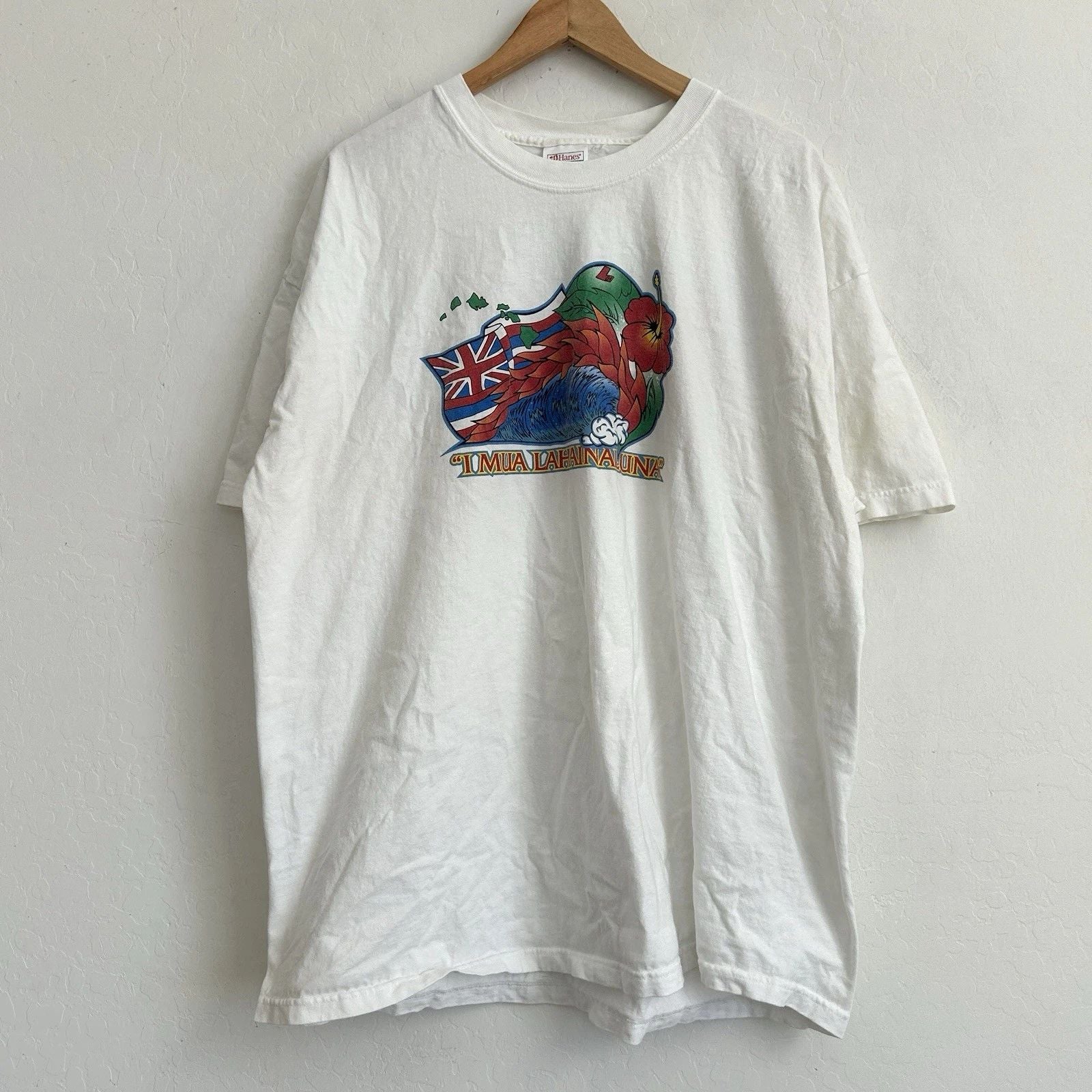 Hanes Beefy T Shirt 2XL Short Sleeve VTG 90s USA Hawaiian Maui Lahainaluna White