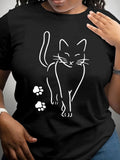UnisexCasual Cat Print T-shirt - Simple White Line Art,Popular Round Neck M