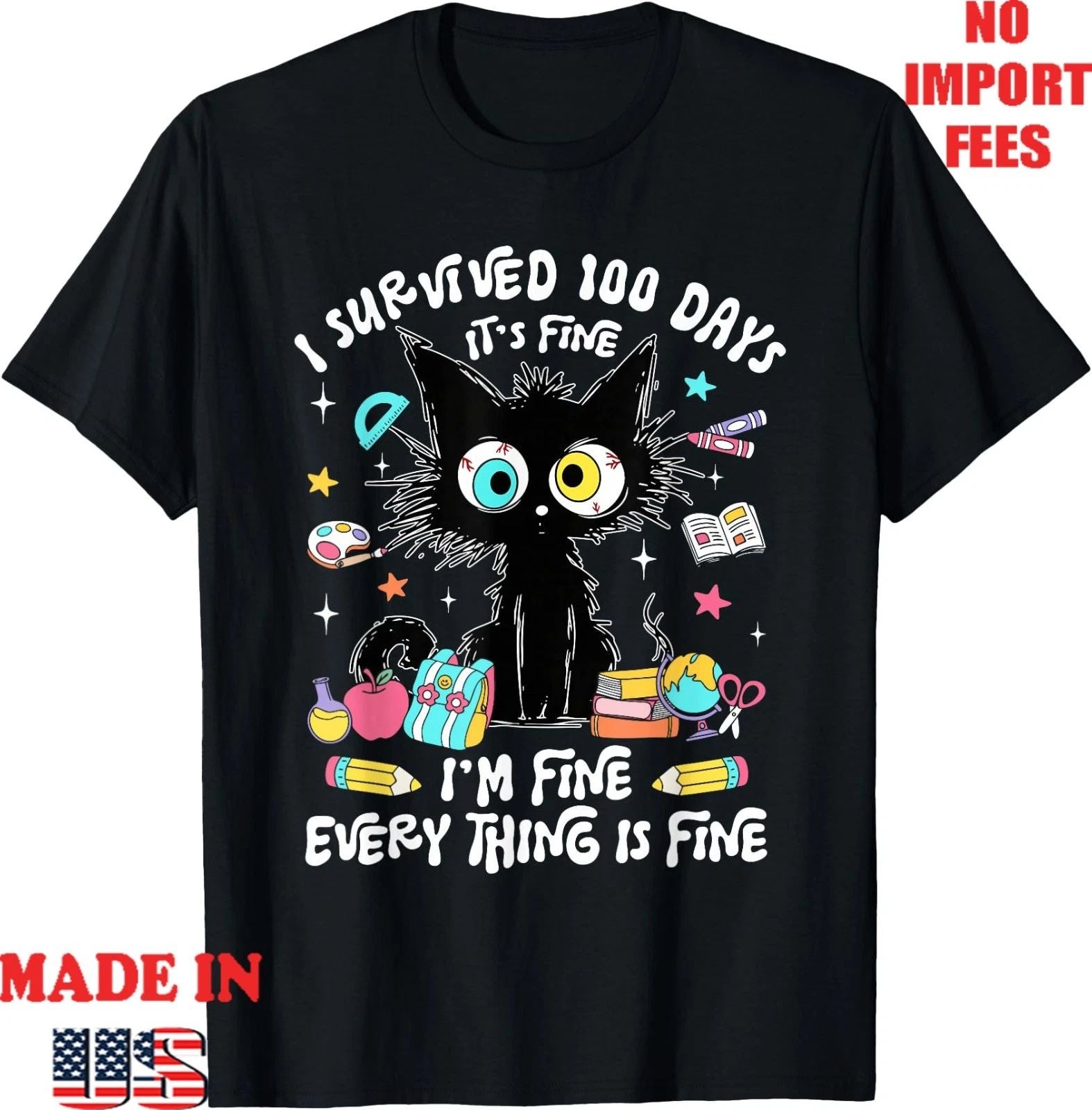 I Survived 100 Days of School Teacher Kids Funny Cat Lover T-Shirt,Kid Adult Tee
