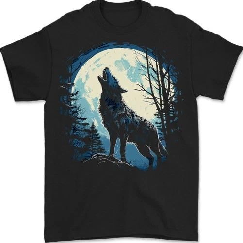 Moonlit Howling Wolf Fantasy Mens T-Shirt 100% Cotton