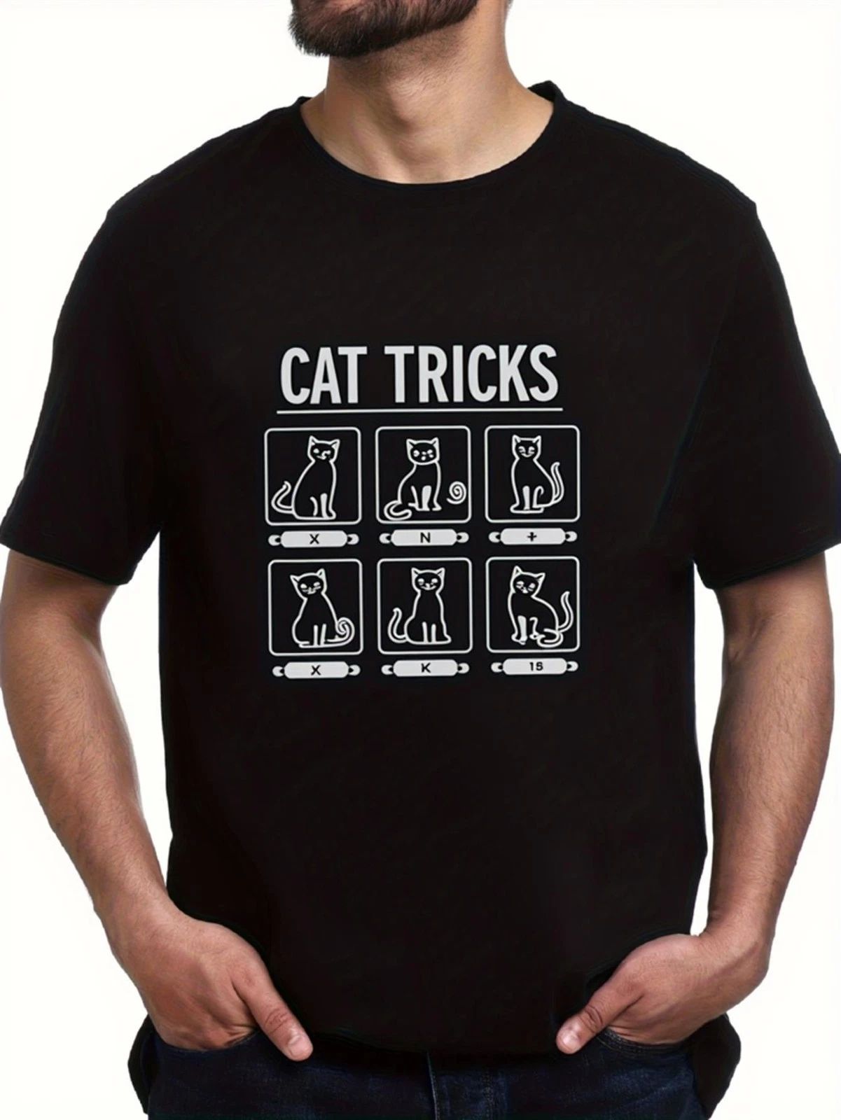 Cat Tricks Graphic Tee  Unisex Black Short Sleeve T-Shirt, Funny Cat Lover Hum