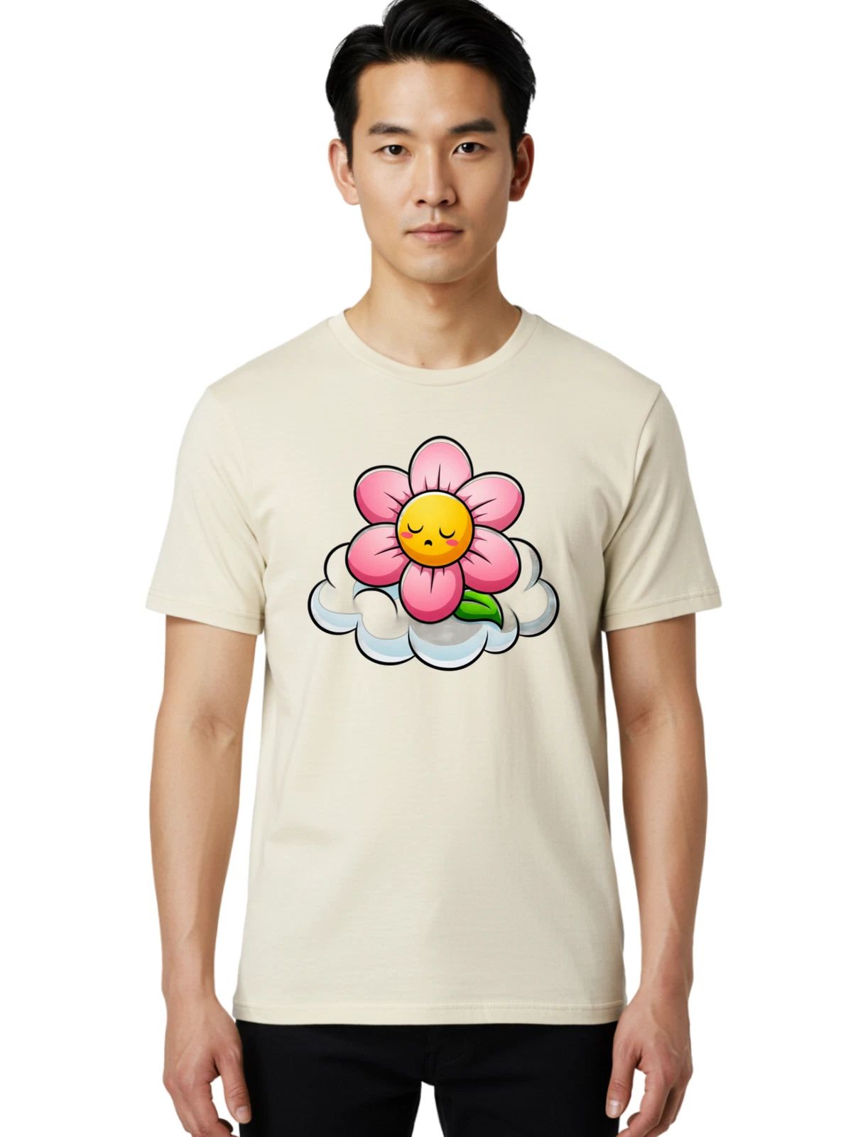 Kawaii-Flower Mens Graphic Tee, 100% Cotton, Casual Summer Wear