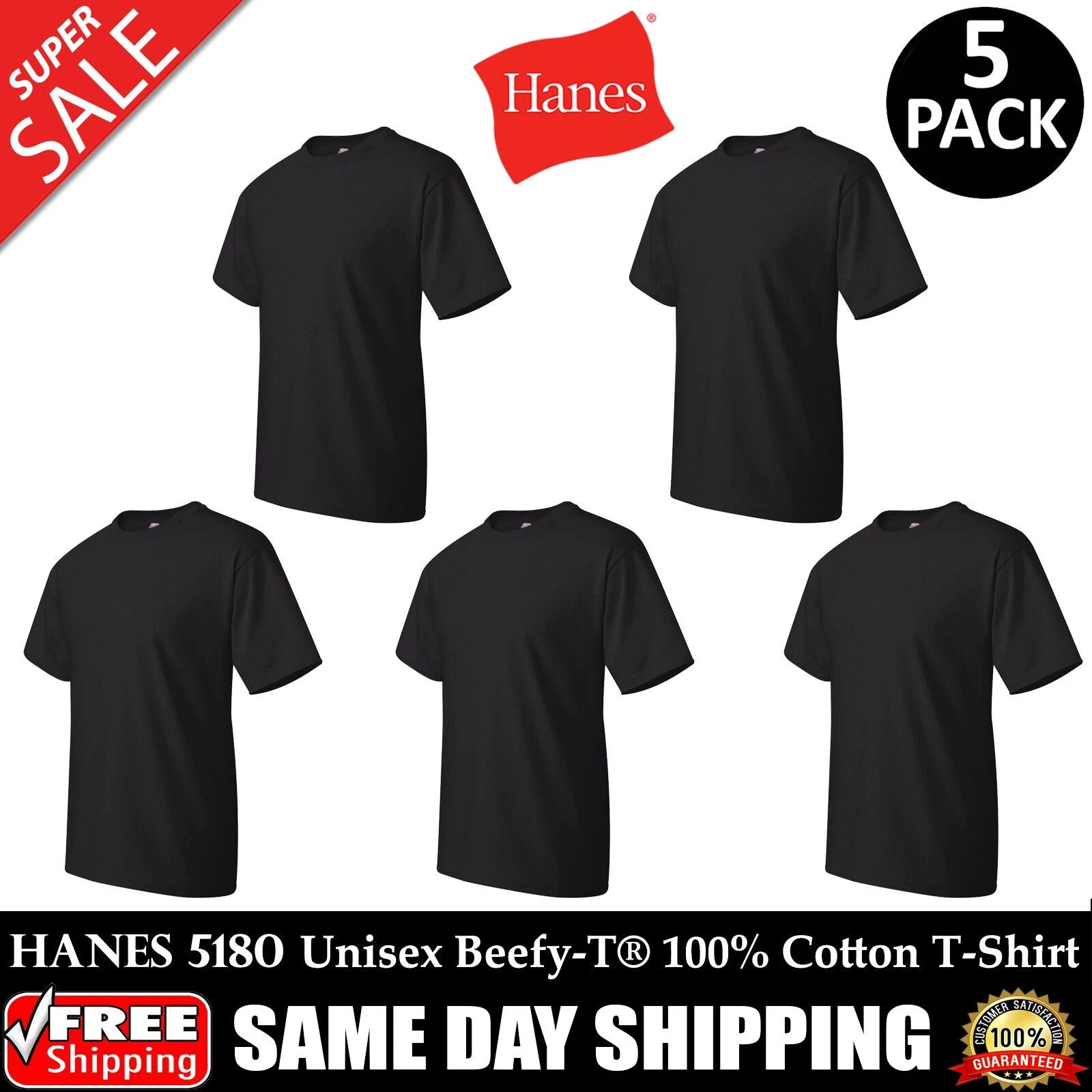 PACK OF 5 HANES PLAIN Mens Black T Shirt Blank Wholesale T-Shirt - 5180 S-XL