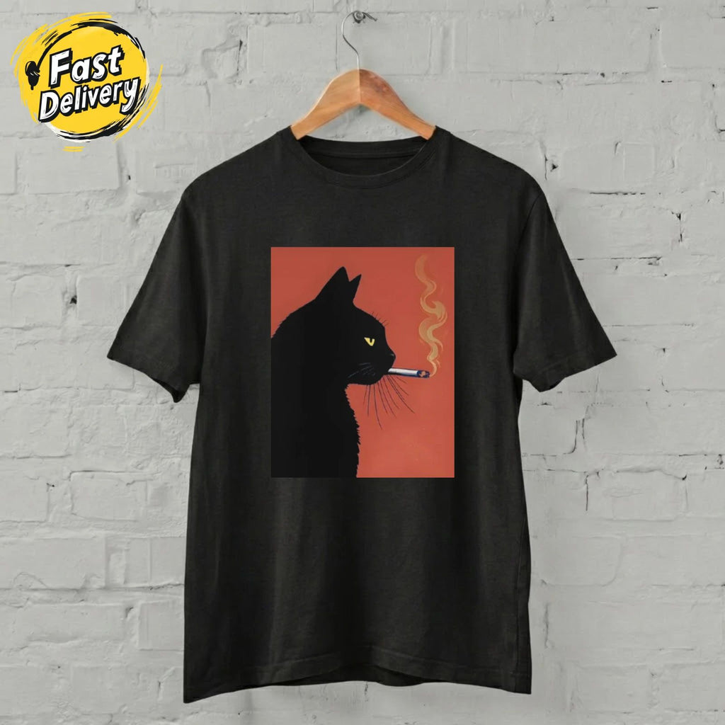 US SELLER - Black Cat Smoking Shirt Minimalist Cool Cat Aesthetic T-Shirt S-5XL