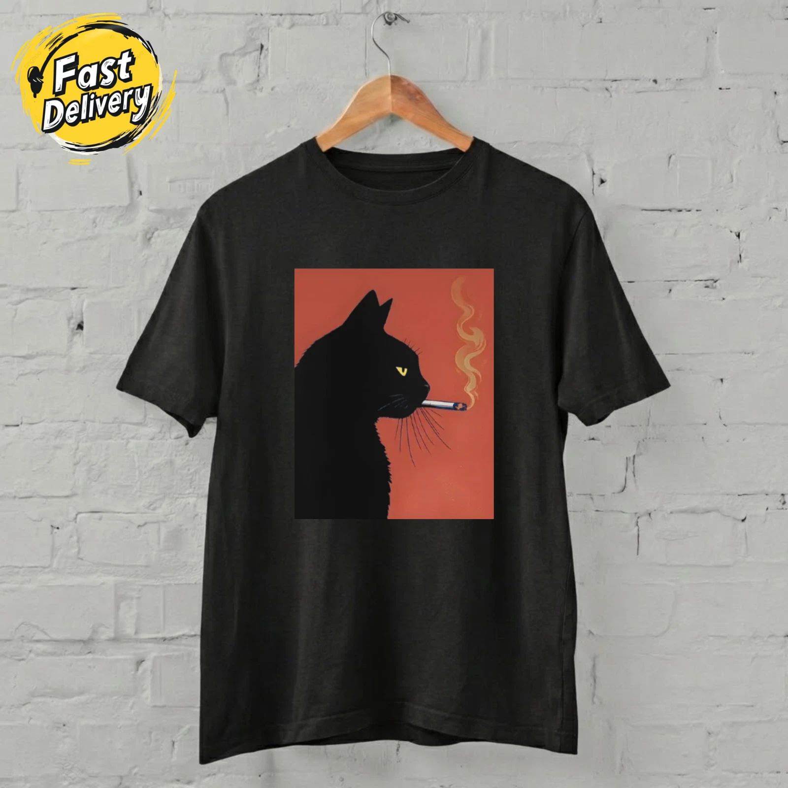 US SELLER - Black Cat Smoking Shirt Minimalist Cool Cat Aesthetic T-Shirt S-5XL