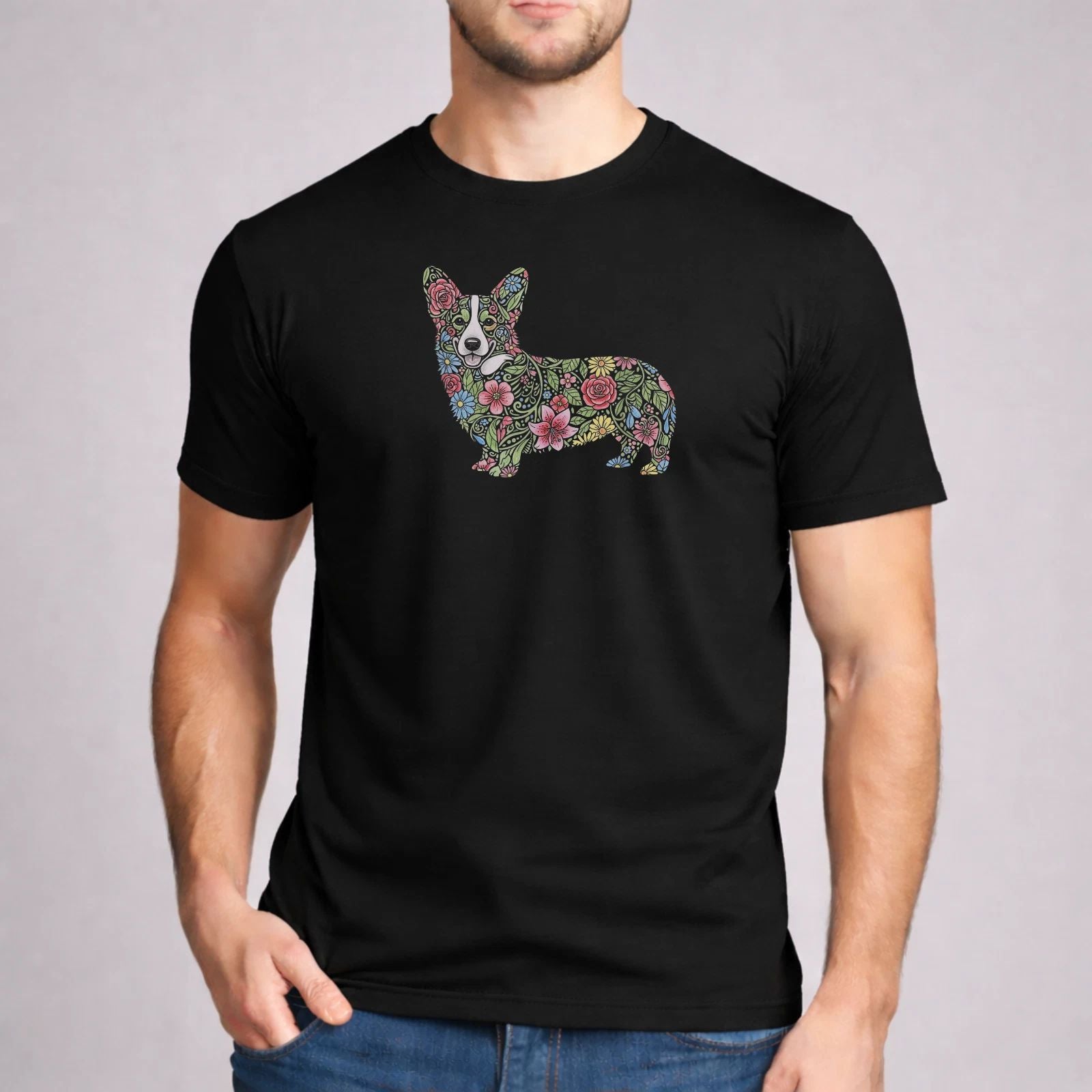 Cute Corgi Shirt Floral Dog Silhouette Art Pembroke Welsh Corgi Gift Black Tee