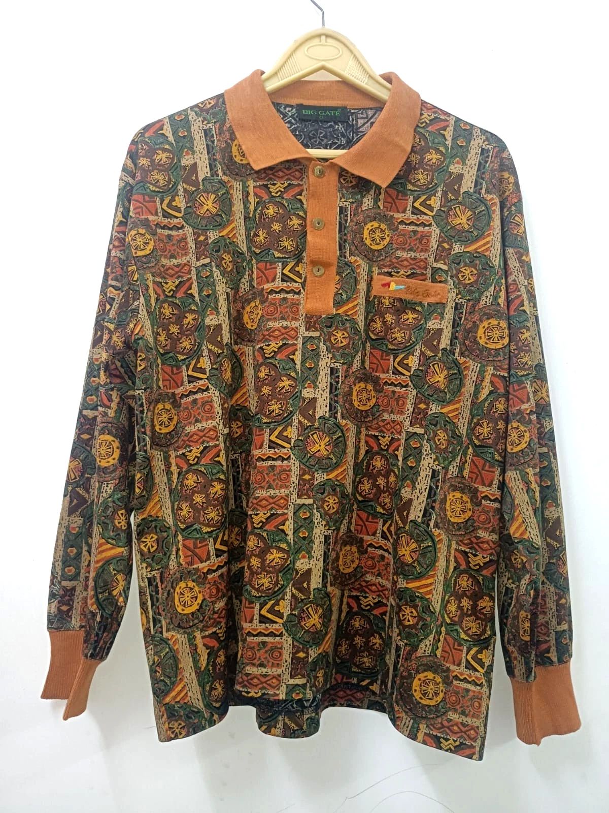 VINTAGE Big Gate Geometric Polo Shirt Men's XL 90s Grandpa Core Long Sleeve 43"