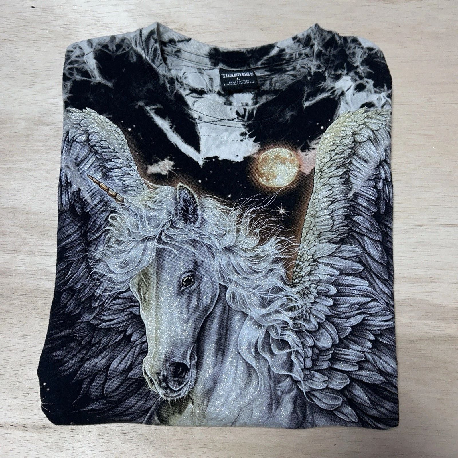Pegasus Graphic T Shirt Tie Dye Fantasy Double Side Horse Moon Stars 90s Style L