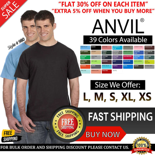 Anvil Men's Lightweight Cotton T Shirt Short Sleeves Crew Neck T-Shirt - 980