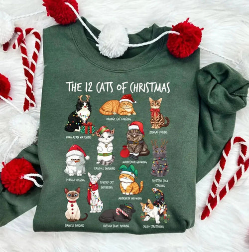 12 Cats of Christmas Sweatshirt, Cat Lover Christmas Shirt, Cat Mom Holiday Tee