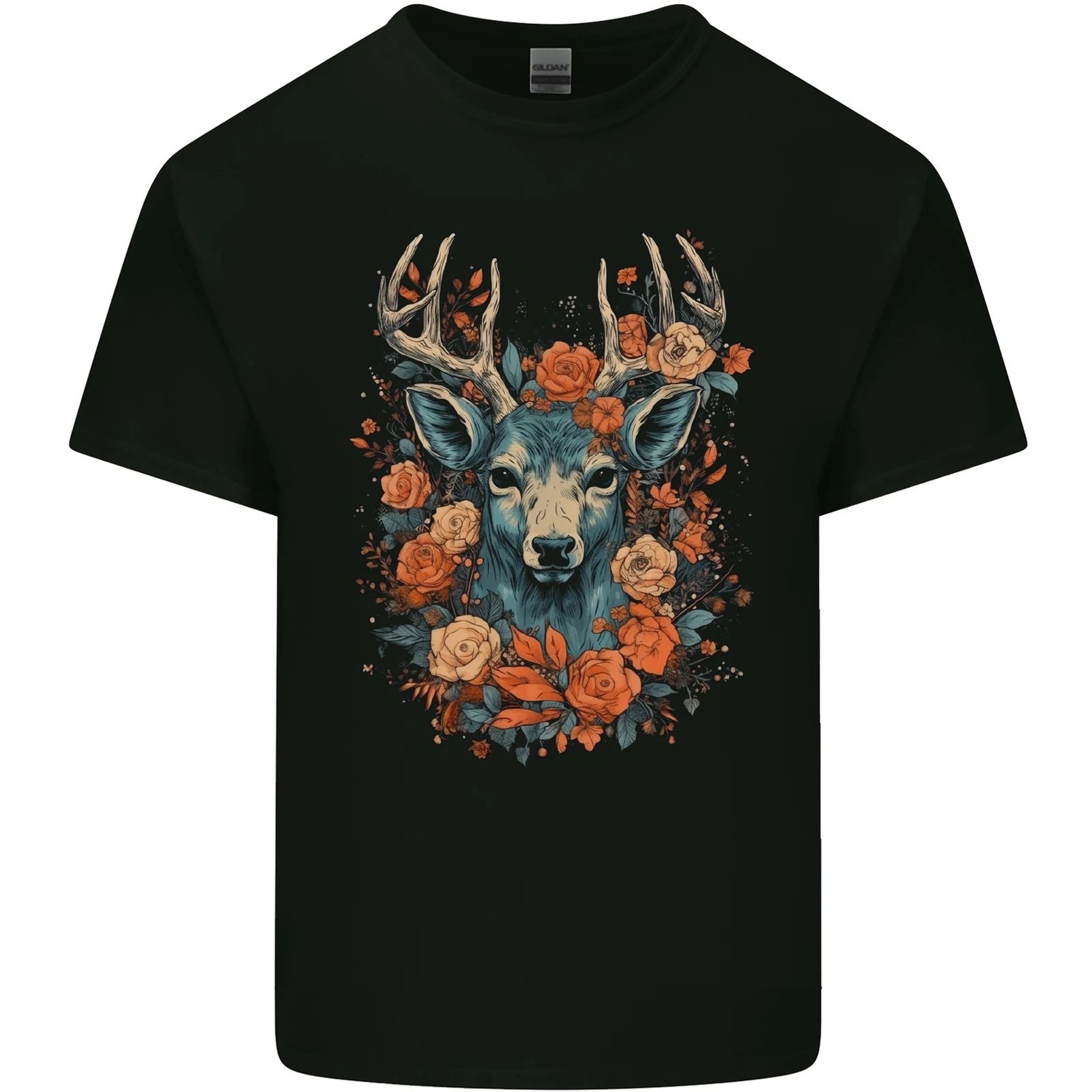 A Fantasy Deer With Flowers Mens Cotton T-Shirt Tee Top