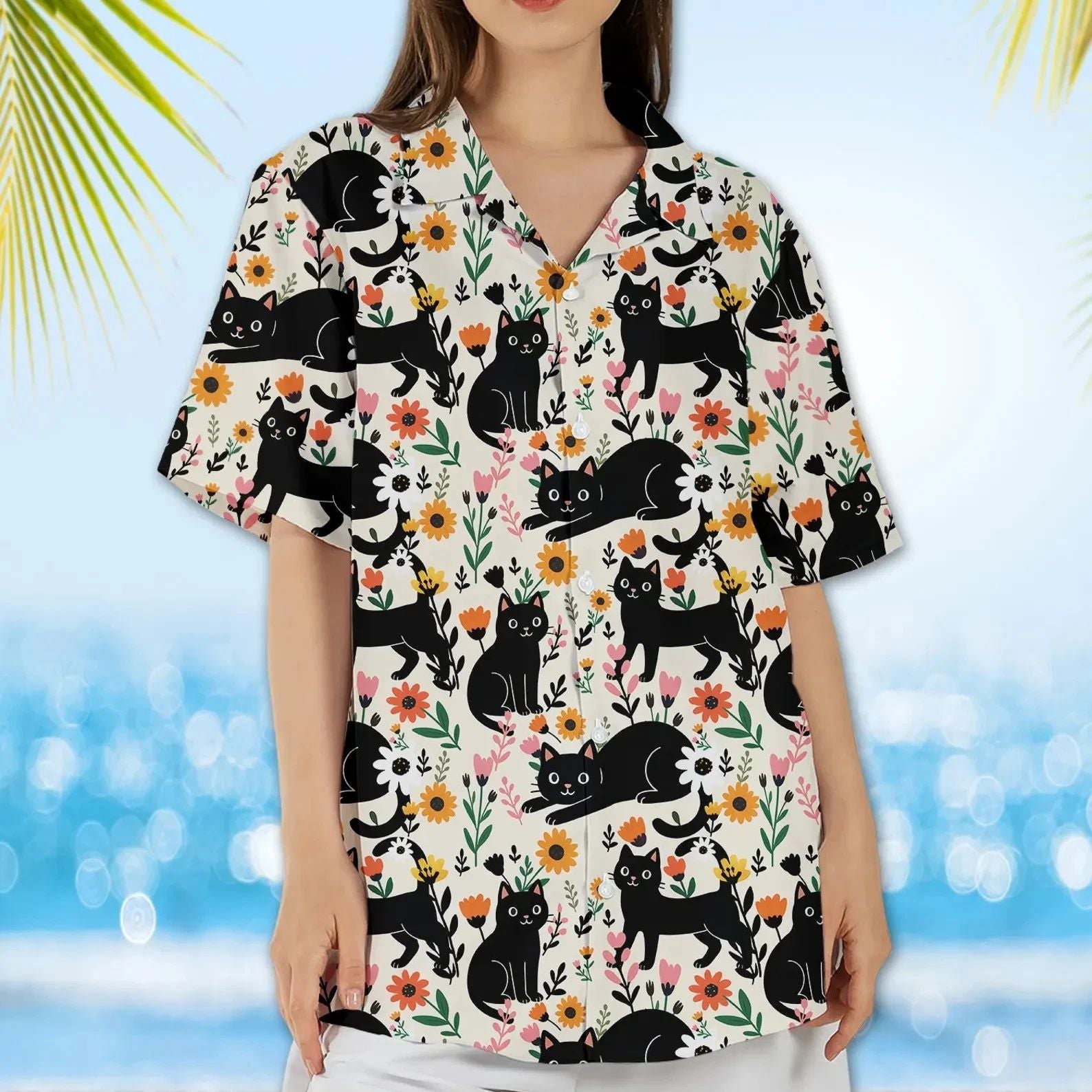 Floral Black Cat Hawaiian Shirt Cute Kitty Aesthetic Button Down Women