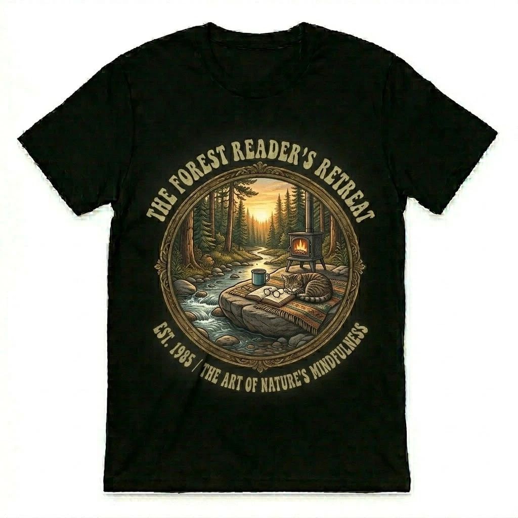 Vintage Forest Reader's Retreat T-Shirt Cat Book Lover Nature Mindfulness Tee